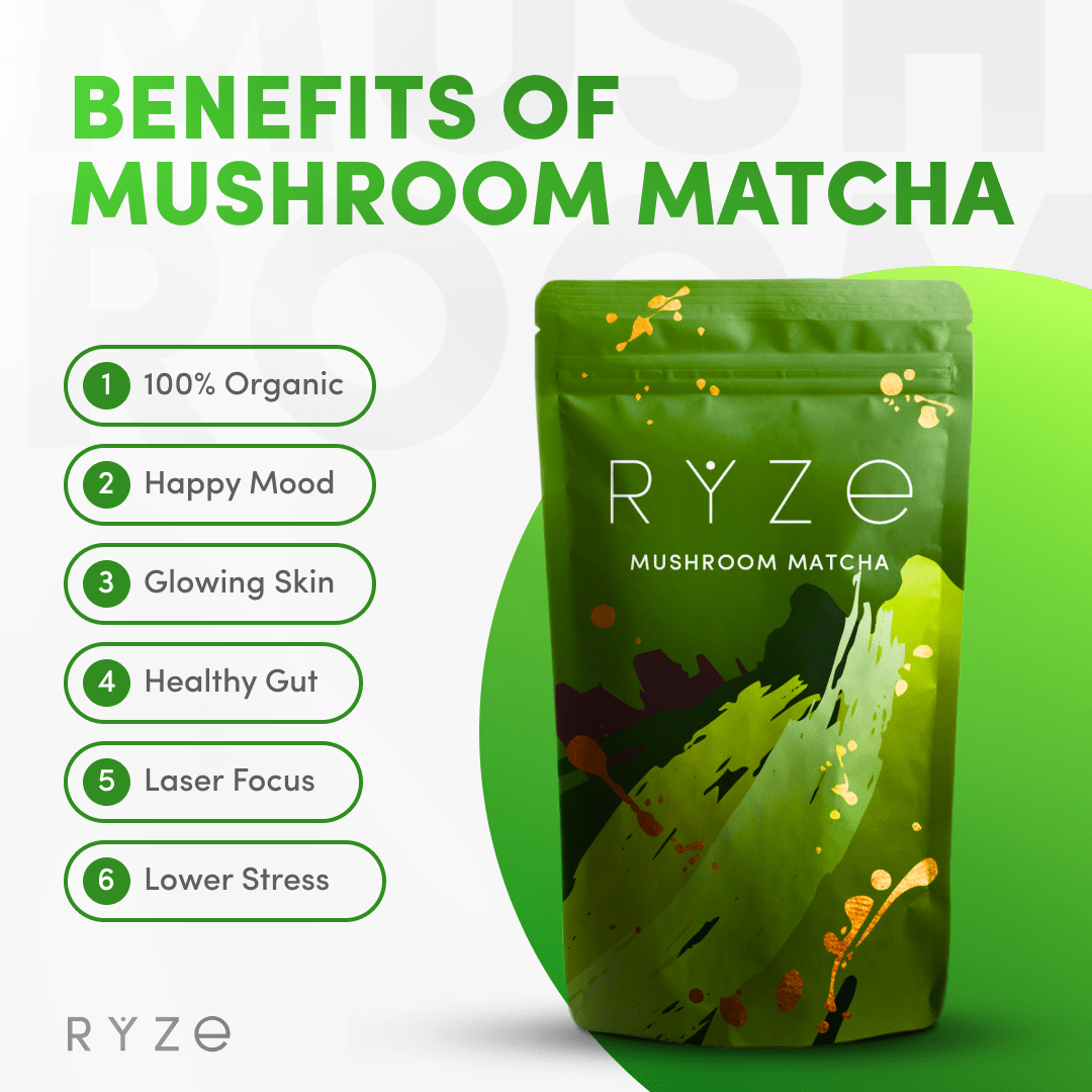 RYZE RYZE Mushroom Matcha - with 6 Organic Adaptogenic Mushrooms Grown In USA and Ceremonial-Grade Japanese Matcha
